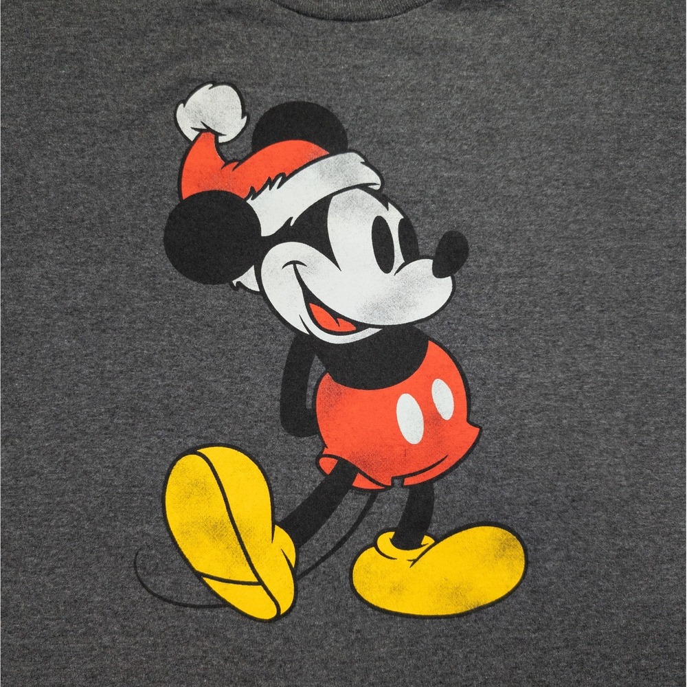 Disney Mickey Mouse Santa Hat Tee Mens XL Dark Gray Graphic Holiday TShirt